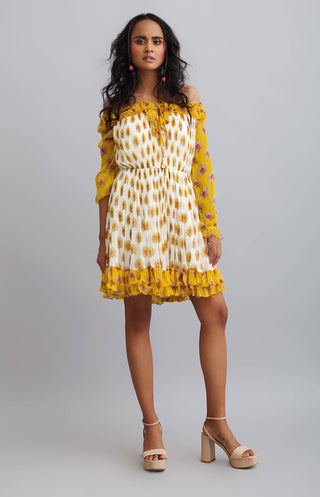Nautanky-Yellow Daisy Printed Gathered Chiffon Dress-INDIASPOPUP.COM