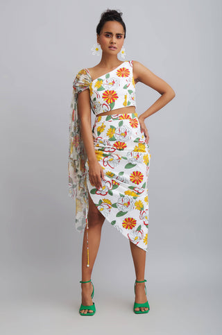 Nautanky-Hisbiscus Printed Ruched Skirt With Top-INDIASPOPUP.COM