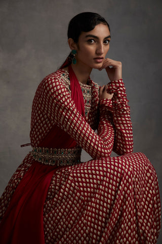 Bhumika Sharma-Red Bindu Print Anarkali With Belt-INDIASPOPUP.COM