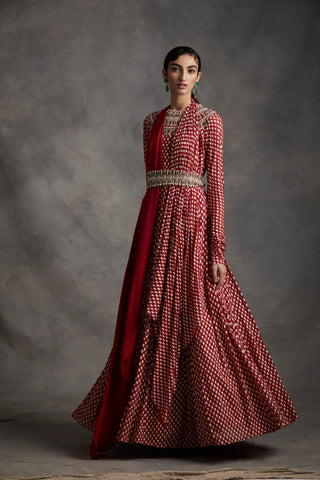 Bhumika Sharma-Red Bindu Print Anarkali With Belt-INDIASPOPUP.COM