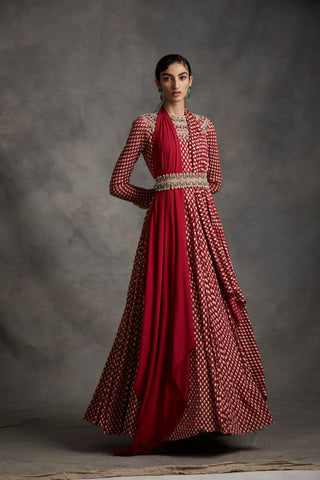 Bhumika Sharma-Red Bindu Print Anarkali With Belt-INDIASPOPUP.COM