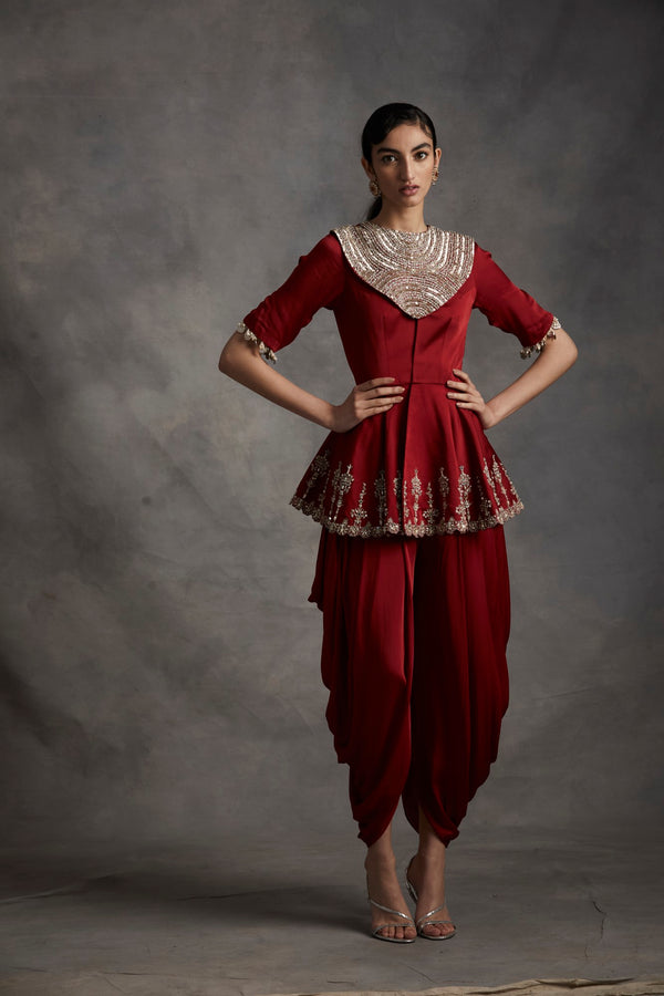 Bhumika Sharma-Red Embroidered Peplum Top & Dhoti Pants-INDIASPOPUP.COM