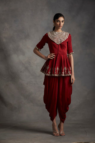 Bhumika Sharma-Red Embroidered Peplum Top & Dhoti Pants-INDIASPOPUP.COM