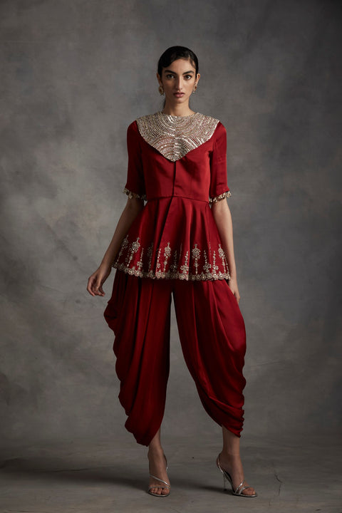 Grey And Red Silk Patola Top With Dhoti Pants