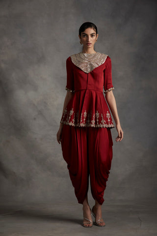 Bhumika Sharma-Red Embroidered Peplum Top & Dhoti Pants-INDIASPOPUP.COM