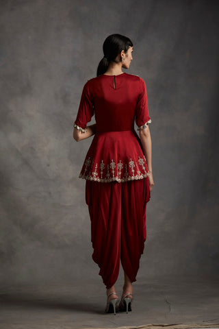 Bhumika Sharma-Red Embroidered Peplum Top & Dhoti Pants-INDIASPOPUP.COM