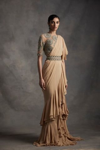 Bhumika Sharma-Beige Pre-Stitched Frill Saree Set With Belt-INDIASPOPUP.COM