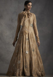 Bhumika Sharma-Beige Ambi Circle Print Belted Anarkali Gown-INDIASPOPUP.COM