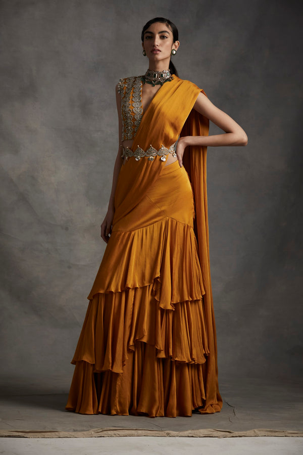 Bhumika Sharma-Haldi Pre-Stitched Layered Saree Set-INDIASPOPUP.COM