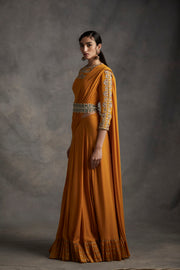 Bhumika Sharma-Haldi Pre-Stitched Pleated Saree Set & Belt-INDIASPOPUP.COM