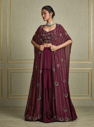 Charu & Vasundhara-Purple Layered Kimono With Skirt And Embroidered Bustier-INDIASPOPUP.COM