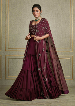 Charu & Vasundhara-Purple Layered Kimono With Skirt And Embroidered Bustier-INDIASPOPUP.COM