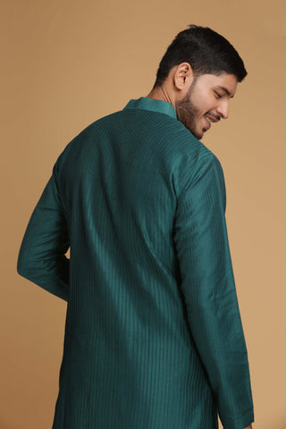 Chatenya Mittal-Teal Green Pintuck Kurta With Pant-INDIASPOPUP.COM