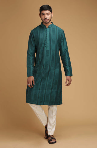 Chatenya Mittal-Teal Green Pintuck Kurta With Pant-INDIASPOPUP.COM