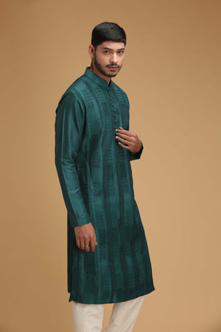 Chatenya Mittal-Teal Green Pintuck Kurta With Pant-INDIASPOPUP.COM