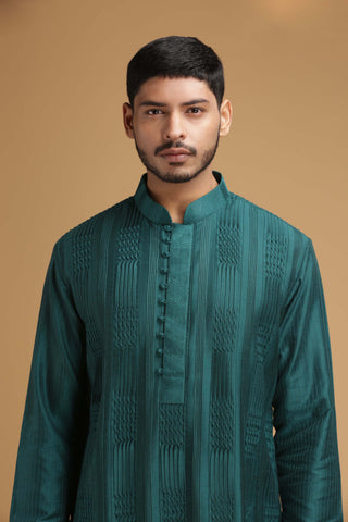 Chatenya Mittal-Teal Green Pintuck Kurta With Pant-INDIASPOPUP.COM