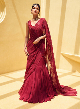 Charu & Vasundhara-Ruby Oxblood Lehenga Saree Set-INDIASPOPUP.COM