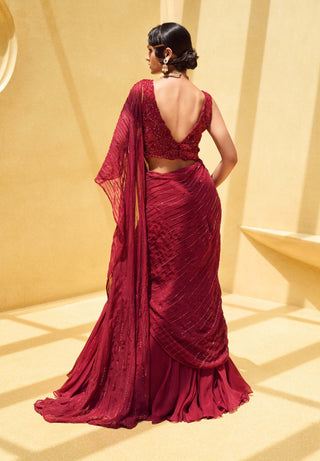 Charu & Vasundhara-Ruby Oxblood Lehenga Saree Set-INDIASPOPUP.COM