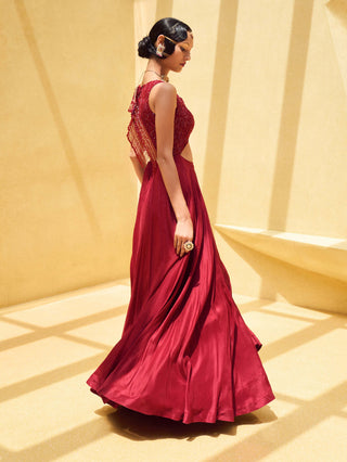 Charu & Vasundhara-Oxblood Rebacca Embroidered Gown-INDIASPOPUP.COM