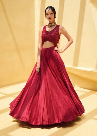 Charu & Vasundhara-Oxblood Rebacca Embroidered Gown-INDIASPOPUP.COM