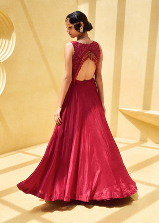 Charu & Vasundhara-Oxblood Rebacca Embroidered Gown-INDIASPOPUP.COM