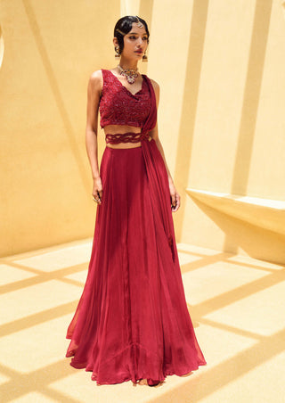 Charu & Vasundhara-Rose Oxblood Lehenga Set-INDIASPOPUP.COM