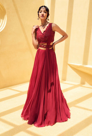 Charu & Vasundhara-Rose Oxblood Lehenga Set-INDIASPOPUP.COM