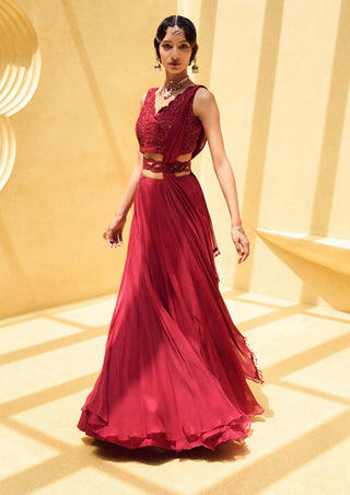 Charu & Vasundhara-Rose Oxblood Lehenga Set-INDIASPOPUP.COM