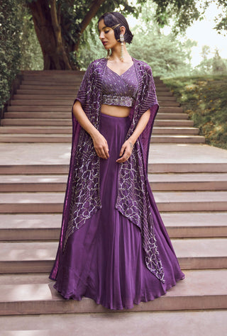 Charu & Vasundhara-Rahila Purple Kimono With Skirt And Blouse-INDIASPOPUP.COM