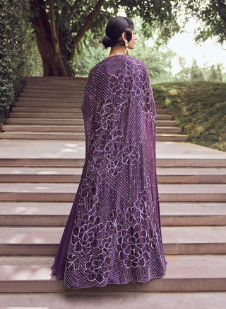 Charu & Vasundhara-Rahila Purple Kimono With Skirt And Blouse-INDIASPOPUP.COM