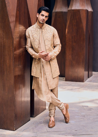 Charu & Vasundhara-Rahil Beige Bundi Kurta Set-INDIASPOPUP.COM