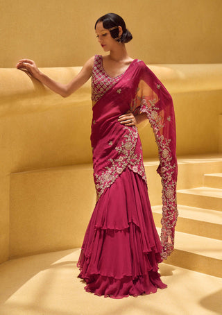 Charu & Vasundhara-Ramena Raspberry Saree Set-INDIASPOPUP.COM