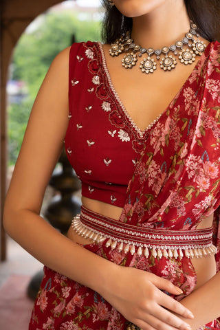 Chhavvi Aggarwal-Maroon Printed Sari With Blouse And Belt-INDIASPOPUP.COM