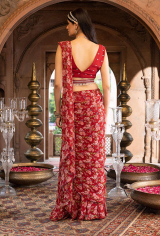 Chhavvi Aggarwal-Maroon Printed Sari With Blouse And Belt-INDIASPOPUP.COM