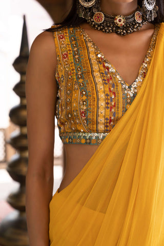 Chhavvi Aggarwal-Yellow Pre-Draped Sari With Blouse-INDIASPOPUP.COM