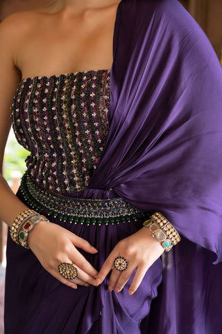 Chhavvi Aggarwal-Purple Sari Gown With Belt-INDIASPOPUP.COM