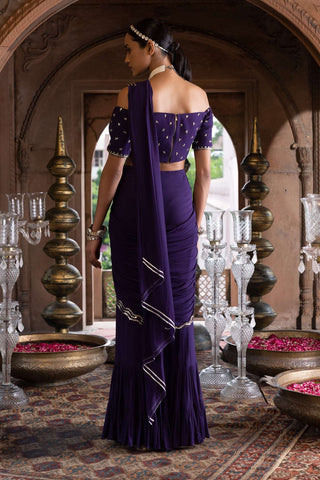 Chhavvi Aggarwal-Purple Draped Sari With Off-Shoulder Blouse-INDIASPOPUP.COM