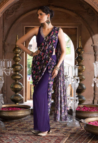 Chhavvi Aggarwal-Purple Printed Pant Sari With Blouse-INDIASPOPUP.COM