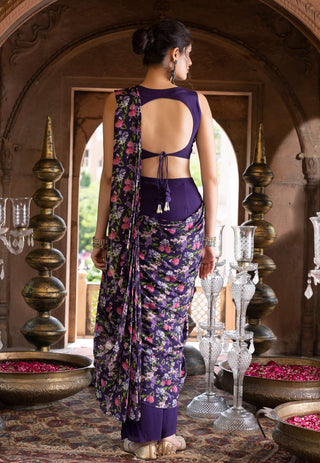 Chhavvi Aggarwal-Purple Printed Pant Sari With Blouse-INDIASPOPUP.COM