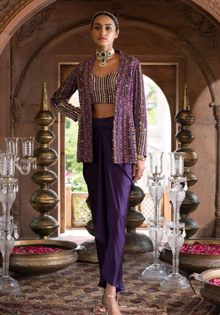 Chhavvi Aggarwal-Purple Printed Jacket With Inner And Draped Skirt-INDIASPOPUP.COM
