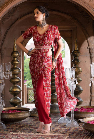 Chhavvi Aggarwal-Maroon Printed Pant Sari With Blouse And Belt-INDIASPOPUP.COM