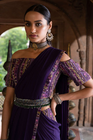 Chhavvi Aggarwal-Purple Printed Pant Sari With Blouse And Belt-INDIASPOPUP.COM