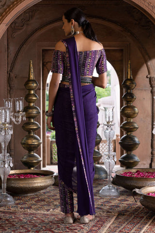 Chhavvi Aggarwal-Purple Printed Pant Sari With Blouse And Belt-INDIASPOPUP.COM