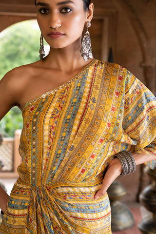 Chhavvi Aggarwal-Yellow Printed One Shoulder Draped Dress-INDIASPOPUP.COM