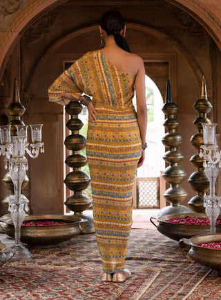 Chhavvi Aggarwal-Yellow Printed One Shoulder Draped Dress-INDIASPOPUP.COM