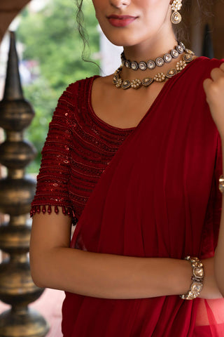 Chhavvi Aggarwal-Maroon Draped Frill Sari With Blouse-INDIASPOPUP.COM