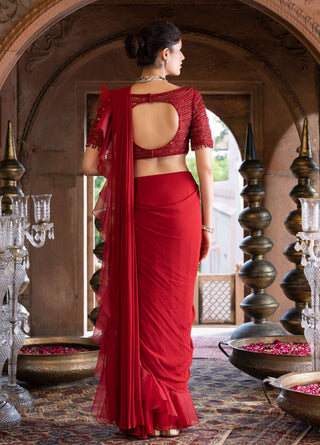 Chhavvi Aggarwal-Maroon Draped Frill Sari With Blouse-INDIASPOPUP.COM