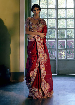 Mishru-Red Flora Ayana Saree Set-INDIASPOPUP.COM