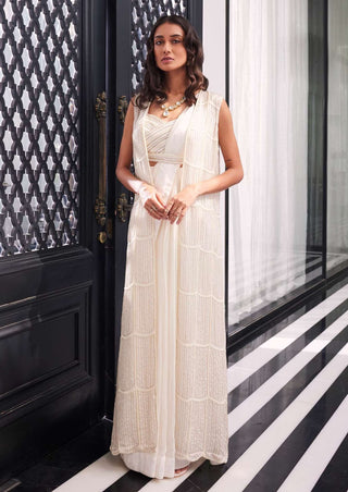 Charu & Vasundhara-Elara Ivory Pleated Sari Skirt With Jacket Set-INDIASPOPUP.COM