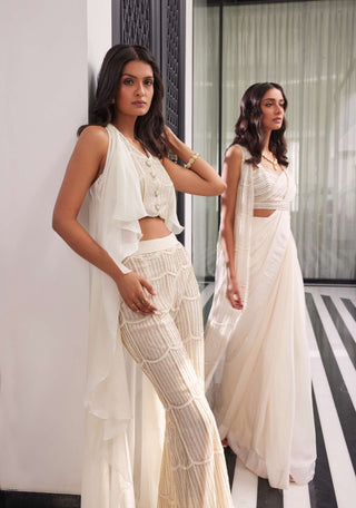 Charu & Vasundhara-Enis Ivory Ruffle Jacket And Pant Set-INDIASPOPUP.COM